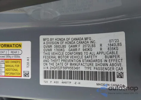 2023 Honda Civic Sport from USA, damaged, VIN 2HGFE2F56PH563491